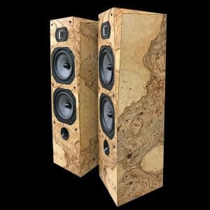 Expression compact floor standing tower speakers in olive ash burl