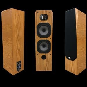 Expression compact floor standing tower speakers in oak - three views.